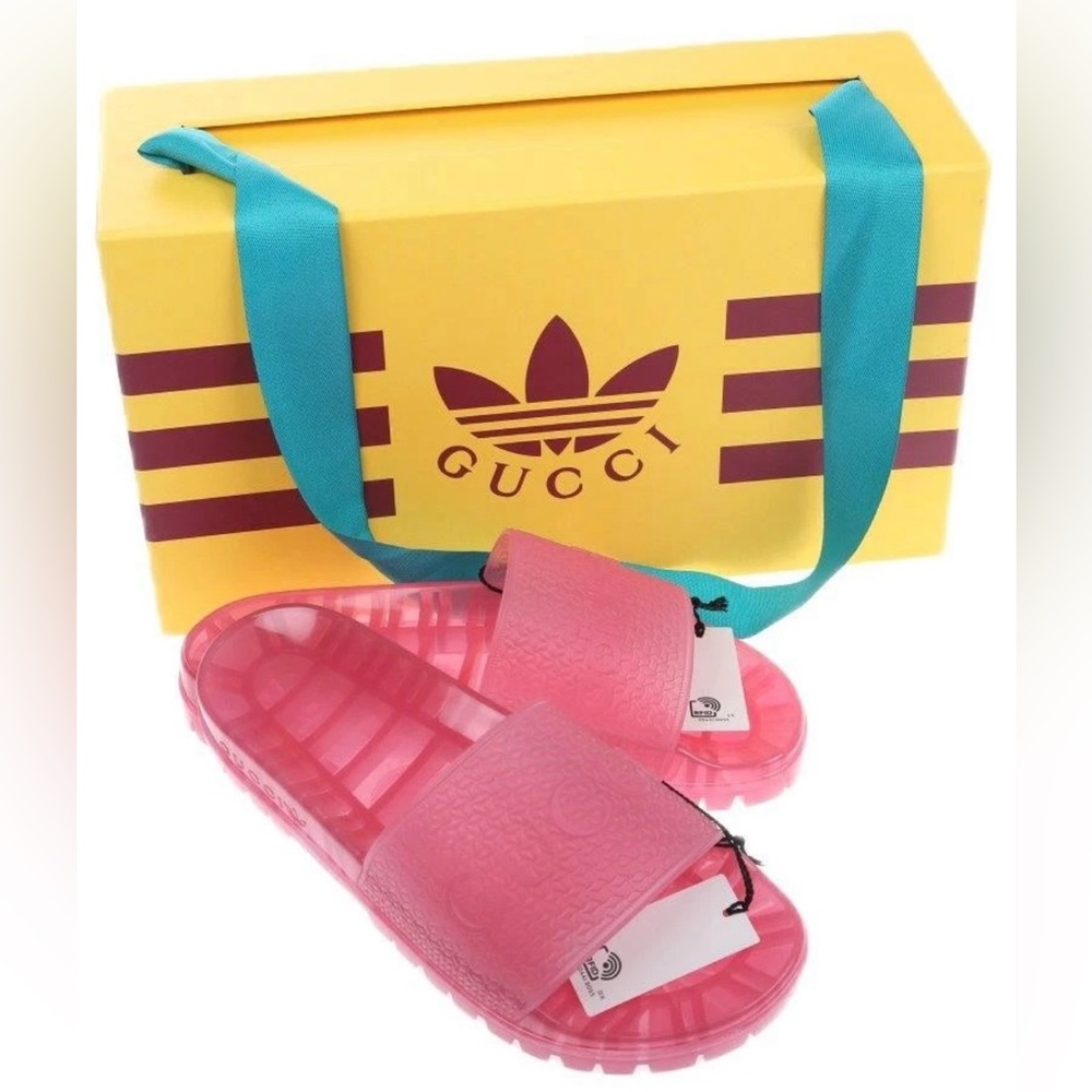 NEW GUCCI X ADIDAS LADIES PINK RUBBER LOGO SLIDE PLATFORM SANDAL SHOES 39/ US 9